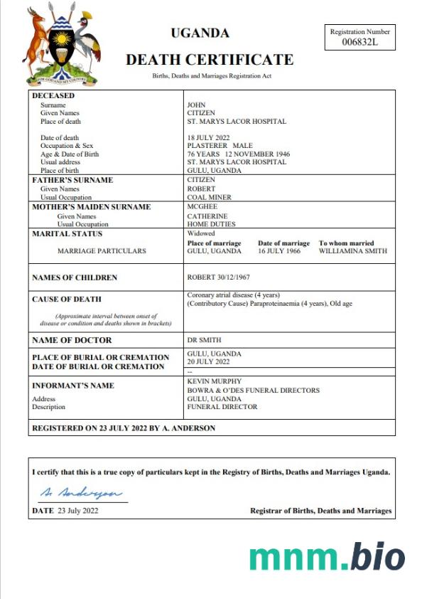 Uganda rekord życiowy śmierć certyfikat Word i PDF szablon